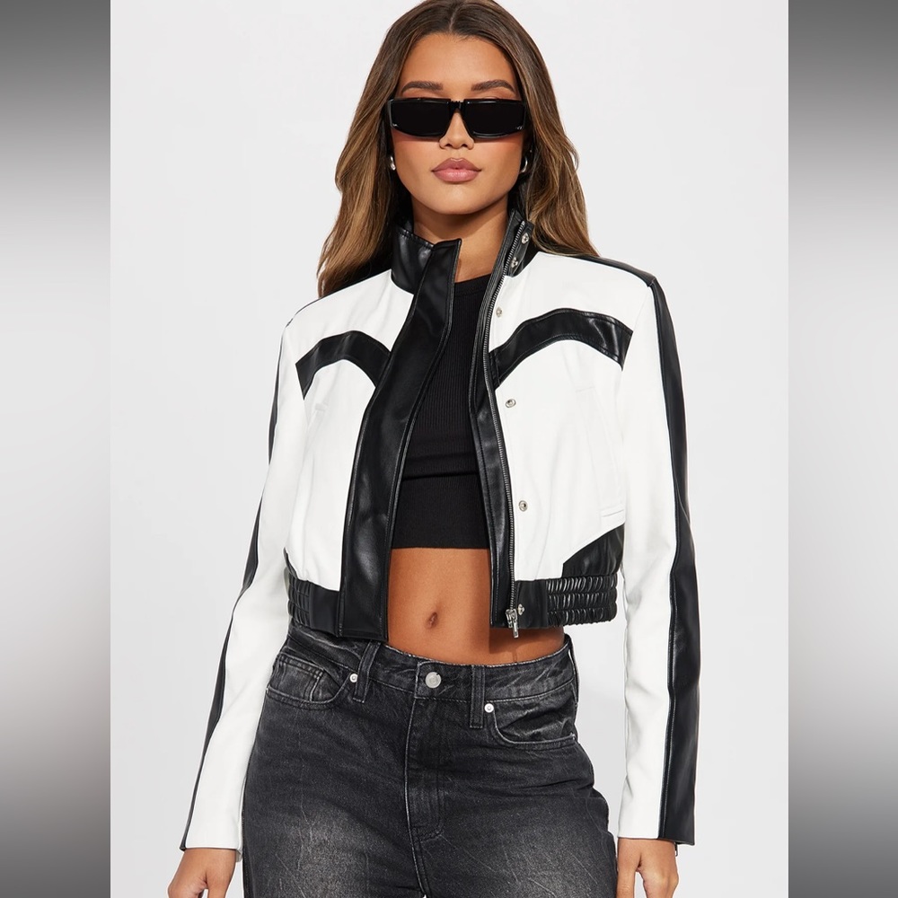 FASHIONNOVA Black/White Jaime Cropped Faux Leather Jacket